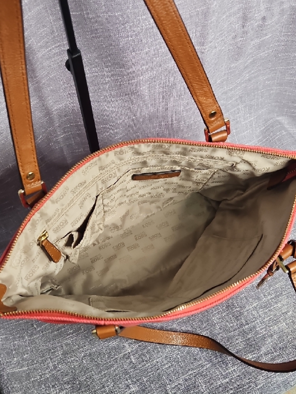 Michael Kors Coral Canvas Tote with Tan Leather Trim and MK Charm - Picture 9 of 15